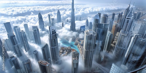 City Skyline od Dubai Above a Sea of Clouds, Tranquil Dawn Over a Bustling Metropolis, Generative AI