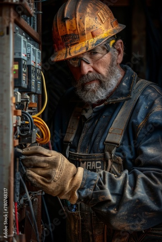 an electrician clad in overalls and a hard hat is depicted meticulously attending to an electrical panel 