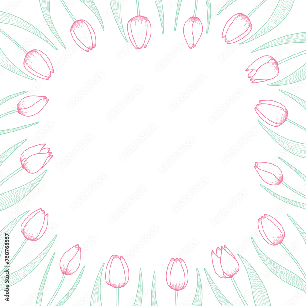 Tulip flowers frame, border. Hand drawn line art illustration. Spring blossoms, pink blooms, decorative florals. Vector design. Mothers Day, Easter, seasonal, botanical drawing Tulip flowers frame, border. Hand drawn line art illustration. Spring blossoms, pink blooms, decorative florals. Vector design. Mothers Day, Easter, seasonal, botanical drawing