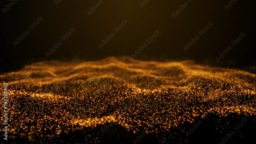 Magic orange glowing particles flow in viscous liquid and bright glisten. Abstract digital particle wave and light abstract background ,animation background, depth of field and bokeh.