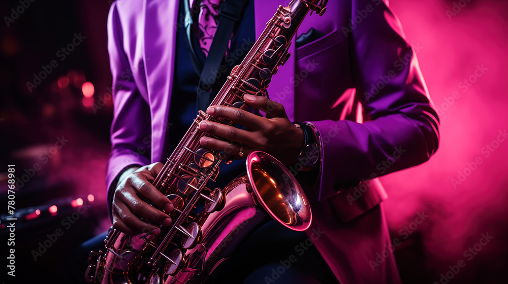 Obraz premium A black saxophonist playing jazz music. Close-up of a musician's hands elegantly holding a saxophone, focusing on the instrument and the details of his violet concert outfit