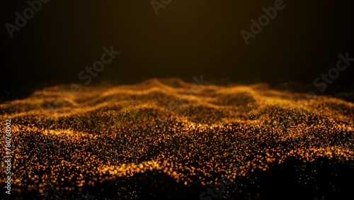Magic orange glowing particles flow in viscous liquid and bright glisten. Abstract digital particle wave and light abstract background ,animation background, depth of field and bokeh.