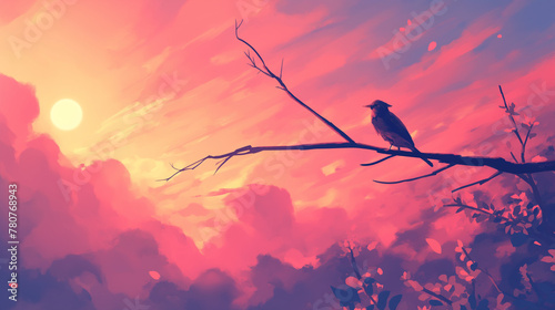 Pássaro na floresta ao por do sol rosa - Ilustração photo