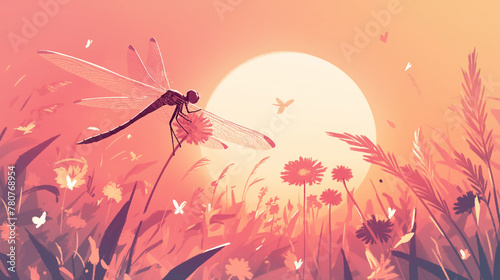 Libélula no campo ao por do sol rosa - Ilustração