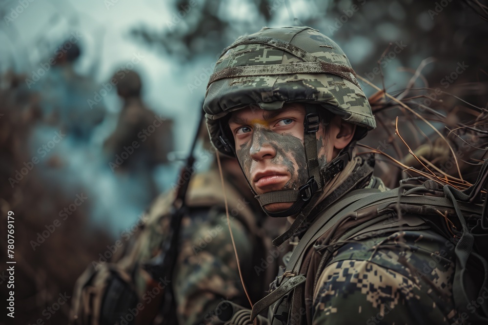 Obraz premium Uniformed soldier in natural setting