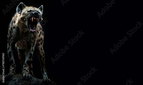 evil looking sharp teeth hyena. Black background. With copy space for text. Fierce animal concept. Red glowing eyes. Horror and mystery theme. growling and roaring. Wild animal. sharp teeth