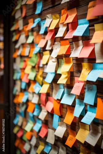 Wall completely covered in various colored post it notes