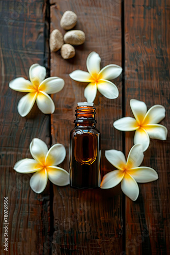 frangipani essential oil in a bottle. Selective focus.