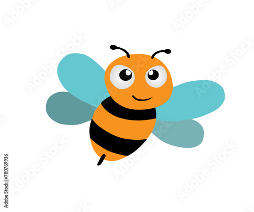 Cute friendly bee. Cartoon happy flying bee with big type eyes. Insect character. Vector isolated on white