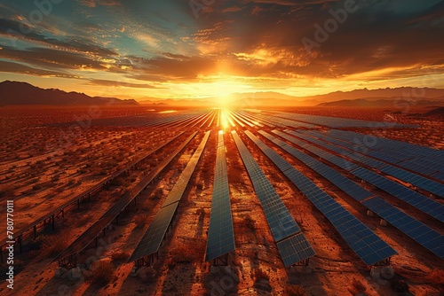 A drone captures a vast solar farm sprawling across a desert its panels gleaming under the intense sun