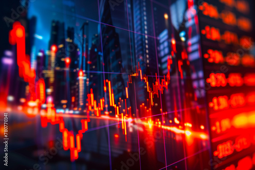 Stock Market Data Visualization Over Cityscape. Abstract financial chart with upward and downward trends projected over a blurred city skyline at night.