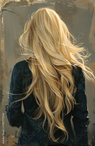 Blonde Wavy Hair Beauty: Casual Denim Elegance Back View photo