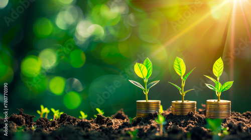 Investment Growth Concept with Plants and Coins. Young green plants sprouting from stacked coins in soil, symbolizing financial growth and sustainable investment under sunlight. photo