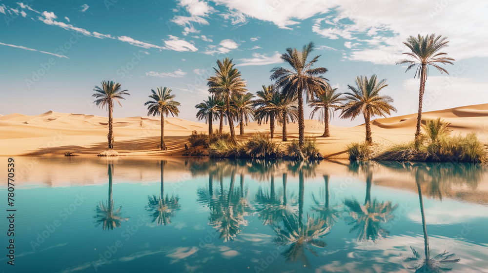 Tranquil desert oasis featuring tall palm trees, golden sand dunes, and clear blue lake under sunny skies. Perfect for travel and nature themes.