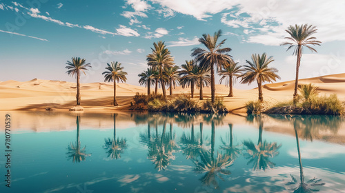 Tranquil desert oasis featuring tall palm trees, golden sand dunes, and clear blue lake under sunny skies. Perfect for travel and nature themes.