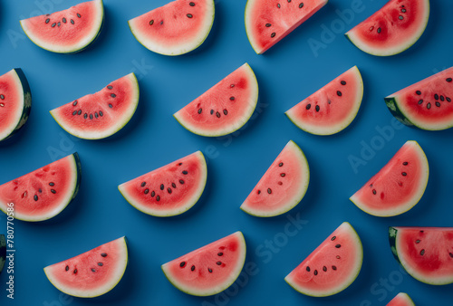 Frische Wassermelonenscheiben im Muster in Draufsicht isoliert arrangiert auf blauem Hintergrund, ideal für sommerliche Themen und Ernährungskonzepte photo