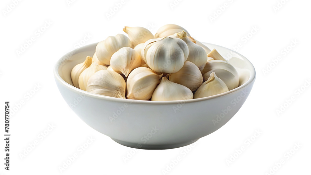 Garlics in a bowl isolated on transparent background