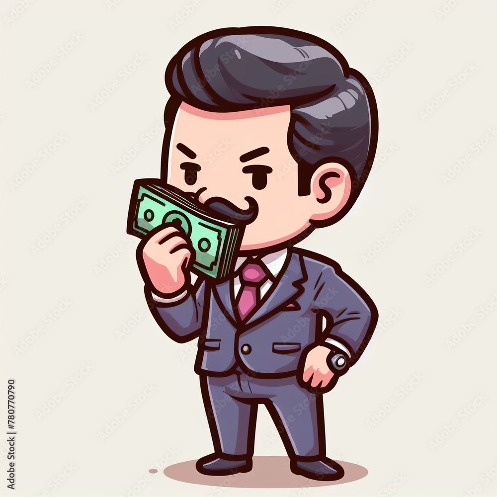 Successful Entrepreneur Cartoon Man in suit with mustache sniffing or kissing money. use in various creative projects or financial-themed campaigns. 