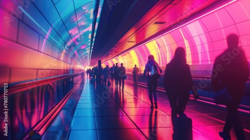 Colorful Neon-Lit Airport Tunnel with Travelers Walking