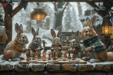 In a cozy den a group of rabbits and foxes lay down their bets on a checkered board