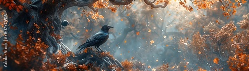 High above in the branches of an ancient tree a secretive gathering of crows bets on which way the wind will blow the fallen leaves photo