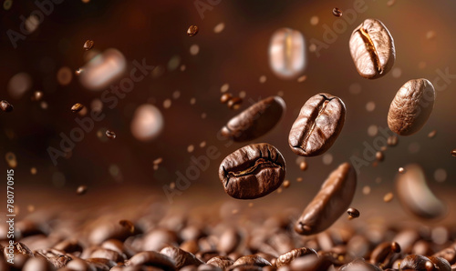 Macro view of coffee beans levitating  copy space