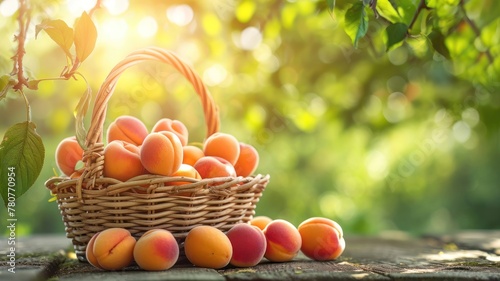 Peach Ripe in basket closeup. Whole fresh peach in the garden  summertime harvest concept for package  grocery product advertising