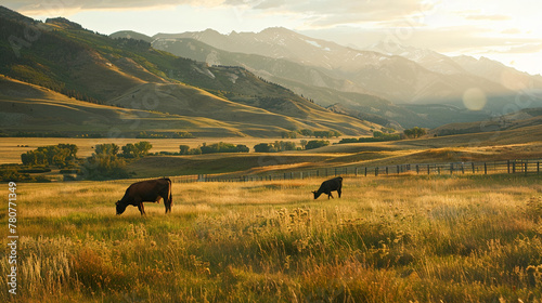 Idyllic scene of cows grazing lush grass meadow golden hour, picturesque mountains in background, tranquility and agriculture.