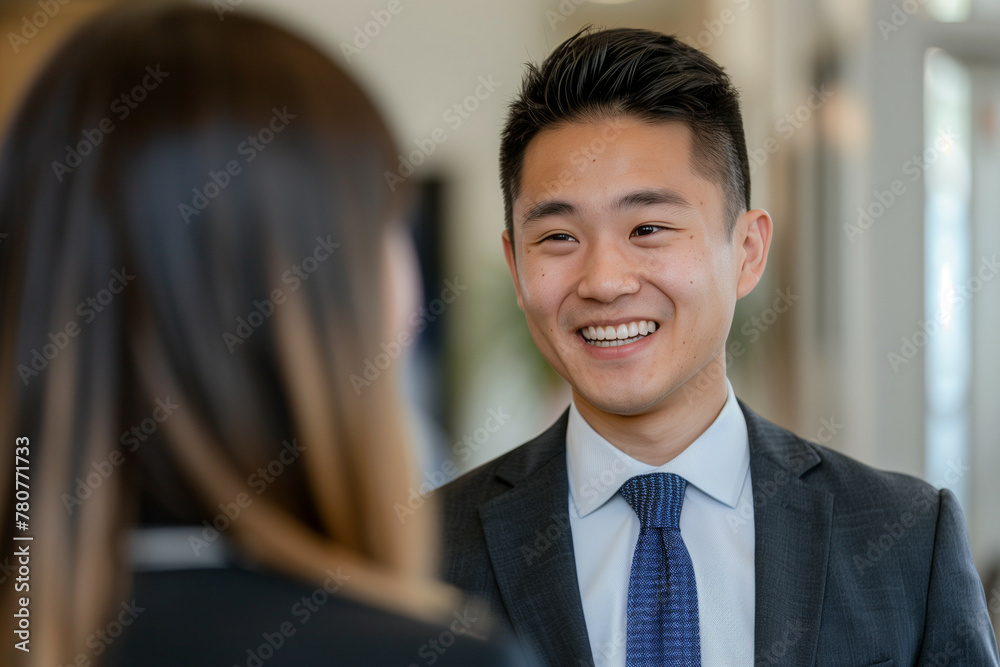 A professional young man with a pleasant smile engaging in a conversation while dressed in a business suit with a tie, exuding confidence and approachability A professional young man with a pleasant smile engaging in a conversation while dressed in a business suit with a tie, exuding confidence and approachability