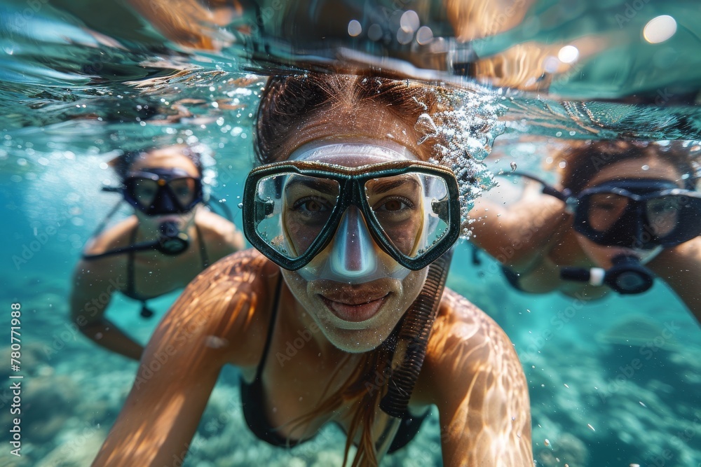 Naklejka premium An active swimmer enjoying the clear blue waters offering a sense of freedom, joy, and the thrill of oceanic exploration minus face