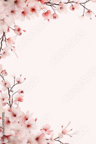 Delicate watercolor painting of cherry blossoms in full bloom on a beige background in an Asian style.