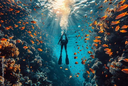 A scuba diver center frame surrounded by clouds of vibrant orange fish in a coral reef © Larisa AI
