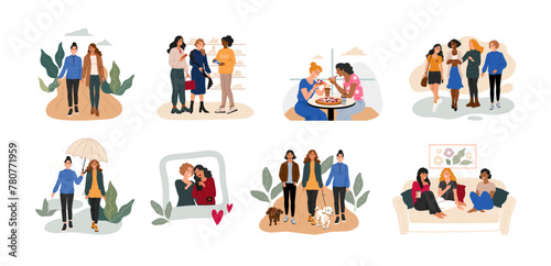 Woman friends. Female communication. People spend time together. Girls making purchases and eating in cafe. Persons talk and walk in friendship group. Home party. Vector fun activities set