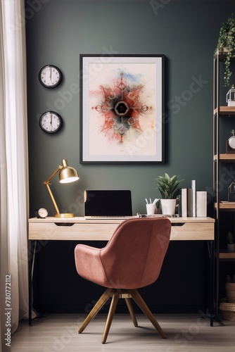 An illustration of a home office with a mid-century modern pink chair, a desk, a lamp, a clock, a shelf, a laptop, and a framed print of a colorful and intricate mandala. photo