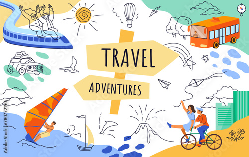 People in trip. Travel adventure. Summer tourism. Tourists train. Family in car or bus. Vacation traffic in nature. Woman and man ride on bikes. Sea windsurfing. Vector banner line design