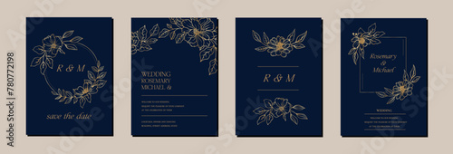 Set of gold floral wedding card template. Luxury flowers golden frame design. Greeting card pattern background. Elegant modern abstract marriage card vector illustration