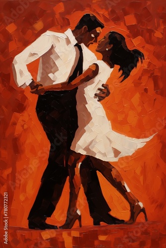 Dancing couple in warm colors palette, figurative painting, brush strokes, impressionism, movement, passion. photo