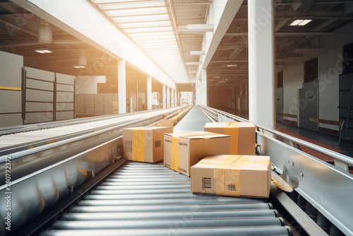 Conveyor belt carrying packaged goods to the loading dock. Generative AI