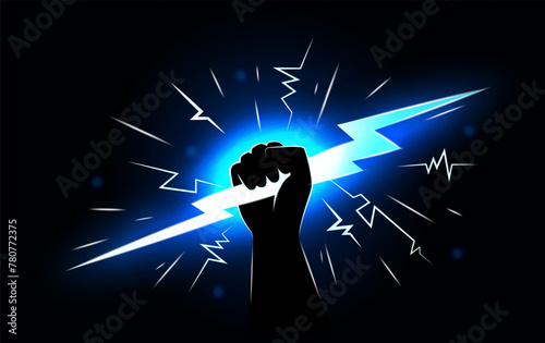 Power lights. Thunder bolt in super Zeus hand, energy man hold blue glowing thunderbolt, electrician god or hero. Zigzag victory and leader symbol. Vector strength logo, isolated illustration