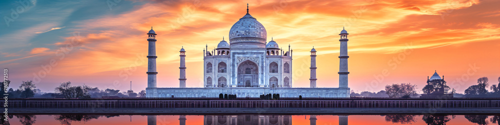 Naklejka premium Panorama view of India with Taj Mahal at sunrise. Night ancient arab city in desert, east architecture in oasis. Happy Independence Day of India. Travel and tourism concept