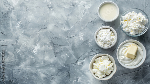 Bowls of fresh cottage cheese, sour cream, butter, milk, textured grey surface. Nutrition, healthy eating, dairy concept, natural light. Copy space photo