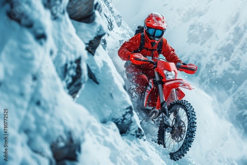 A motocross rider clad in a bright red suit braves the snowy conditions, skillfully maneuvering a motorbike along a steep, snow-clad mountain slope