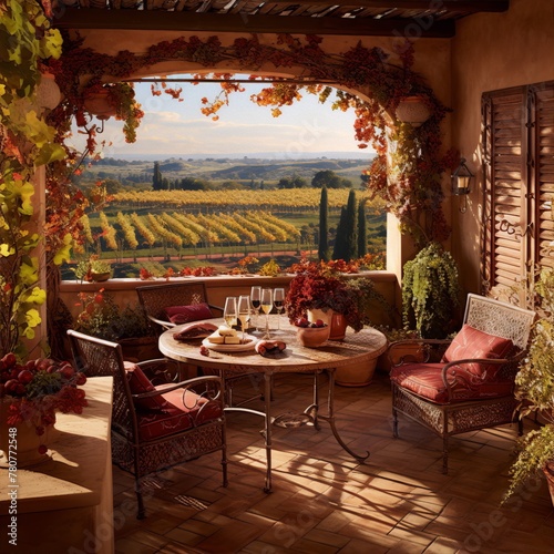 Picturesque tuscan terrace with a view of vineyards in the fall photo
