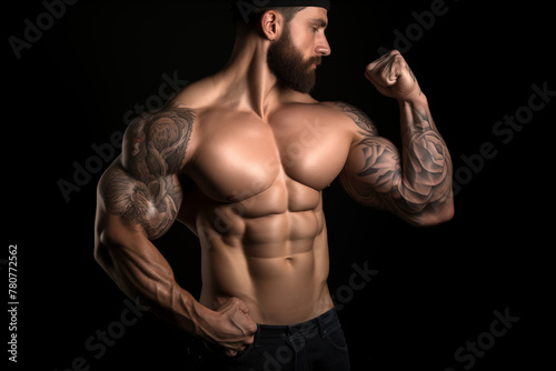 Mans biceps on black background. Generative AI