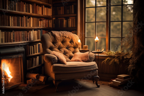 Reading nook with a comfortable armchair and a stack of books. Generative AI
