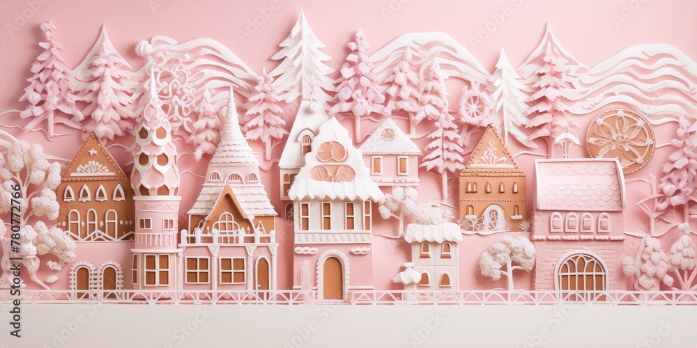 Whimsical pink and white gingerbread houses and trees in a snowy landscape with a pink background in 3D rendering.