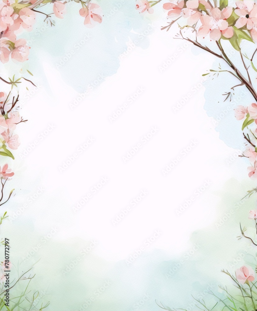 Delicate pink cherry blossom branches frame painted in watercolors on a pale blue background.