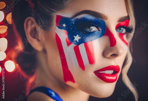Close-up of a woman with American flag makeup on her face, featuring stars and stripes, against a bokeh light background, symbolizing patriotism and national pride.
