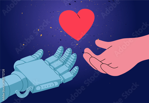 Human hand. Artificial intelligence machine. Arm giving red heart. Alien technology. Robot and people community. Love and art. Support palm. Generosity and assistance. Vector concept