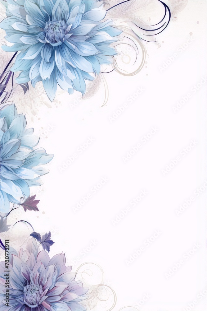 Blue and purple flowers with grey and white background in watercolor style for home decor.